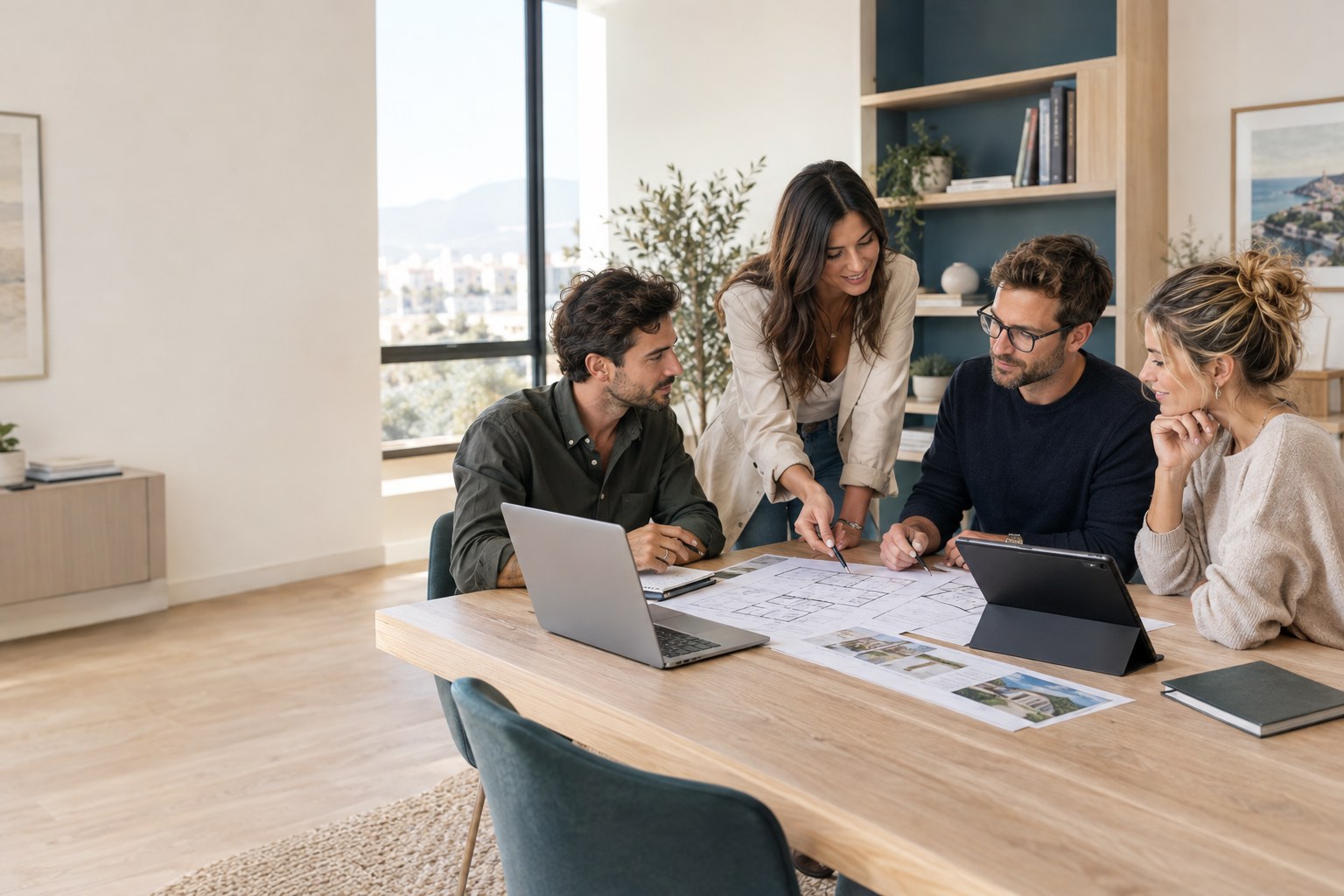 Equipo inmobiliario colaborando en una reunión de trabajo en ATENEA Real Estate